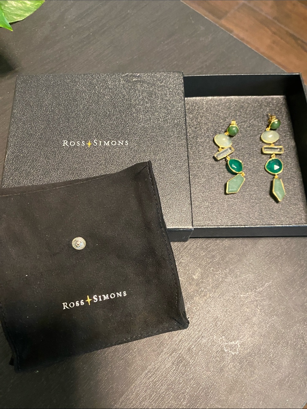 Ross-Simons Green and Light-Green Multi-Stone Gold Drop Earrings